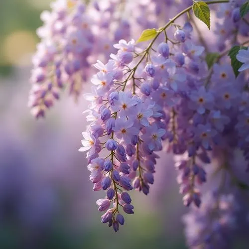 Soft purple wisteria flowers, delicate pale lilac hues, gentle lavender shades, creamy whites, warm beige tones, rich blue undertones, subtle silver highlights, whimsical floral patterns, intricate bo