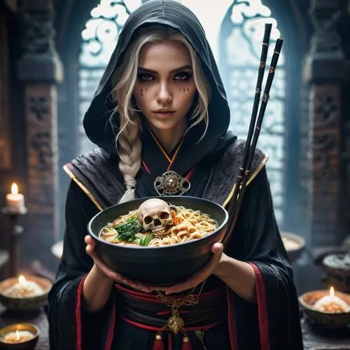 1girl, bare shoulders, bowl, chopsticks, food, indoors, jewelry, necklace, noodles, off shoulder, photo \(medium\), ramen, sitting, solo, striped,basmati,vegetable soup,feast noodles,dwarf cookin,vege