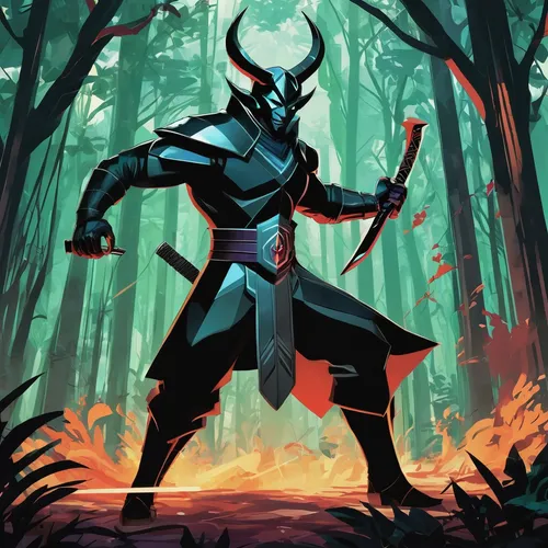 Create an action-packed battle between a determined demon slayer and a relentless demon in a dense forest.,splitting maul,maul,samurai,cleanup,samurai fighter,dane axe,dark elf,darth maul,swordsman,or