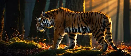 Twilight, majestic tiger, solitary, (adult), orange fur with black stripes, sharp claws, whiskers, intense eyes, forest, misty atmosphere, ancient trees, glowing mushrooms, mysterious ambiance, warm g