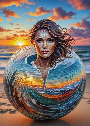 sunsrise  in the clouds mosaic colors, over the beach, jigsaw puzzle, mural in the top of the ball, grim reapper,glass painting,sand art,glass sphere,bodypainting,body painting,rock painting,beach bal