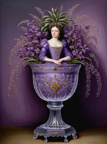 purple plant in a crystal flowerpot, luminiscent, complex, detailed, vibrant, rococo,soprano lilac spoon,flower vase,la violetta,the lavender flower,tureen,verbena,ikebana,funeral urns,vase,hyacinth,p