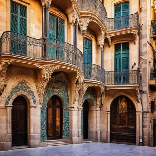 Barcelona architecture, Gaudí-inspired building, intricate stonework, ornate facades, curved lines, vibrant mosaic tiles, grand entrance, sweeping staircases, dramatic arches, luxurious chandeliers, b