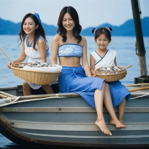 A smiling Japanese mother and daughters wearing loincloths printed with blue and white waves, sitting on a fishing boat, holding two baskets of oysters.,two girls sitting on the back of a boat holding