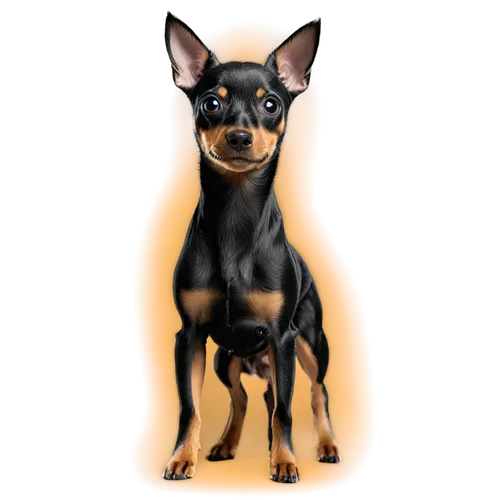 Black and White Miniature Pinscher, small dog breed, standing on hind legs, front paws together, curly tail, erect ears, short black and white coat, shiny eyes, cute facial expression, profile view, s