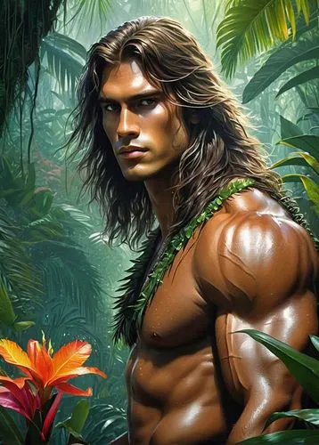 tropical island, tarzan, handsome strong young man with long hair, in animal skin, making his way through the jungle, tropical flowers on all sides, dew drops on tropical flowers,,tarzan,turok,alcide,