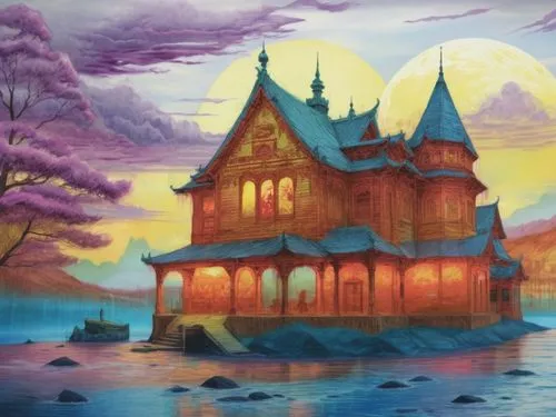 this painting shows an image of a castle on the river,house with lake,witch's house,house by the water,house of the sea,dreamhouse,witch house,Illustration,Realistic Fantasy,Realistic Fantasy 25