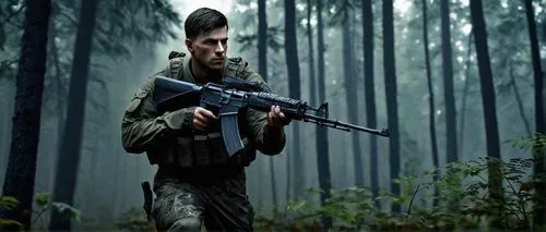 David Mason, Call of Duty, Black Ops 2, young adult male, rugged facial features, strong jawline, piercing blue eyes, short brown hair, military uniform, combat boots, AK-47, woodland camouflage, fore