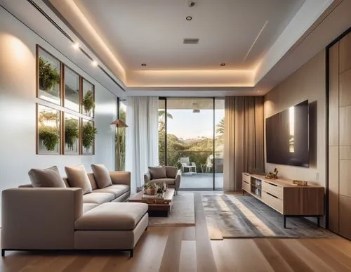 Spacious modern living room, floor-to-ceiling windows, sliding glass doors, minimal window frames, transparent glass railings, natural wood accents, creamy white walls, plush area rugs, comfortable so