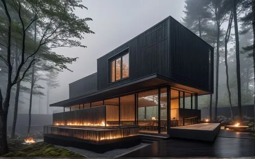 Modern Zen tea house in forest with charred black wood siding, archdaily, dezeen, el croquis 
,house in the forest,timber house,cubic house,the cabin in the mountains,cube house,wooden house,modern ar