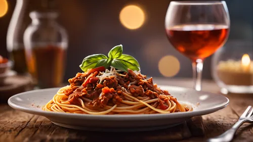 Macro, a forkful of spaghetti with seasoned with tomato ragù, with bits of meat, cheese, and basil, looking appetizing and mouthwatering, soft lighting, warm and inviting atmosphere, fantasy style, in