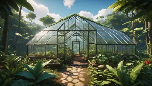 greenhouse construction, Ark survival game, assembling structure, transparent glass panels, metal framework, growing crops, lush vegetation inside, sustainable farming, in-game character, action pose,