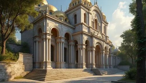 Byzantine style architecture, grand church building, intricate stone carvings, ornate concrete columns, vaulted ceilings, golden domes, stained glass windows, majestic entrance doors, worn stone steps