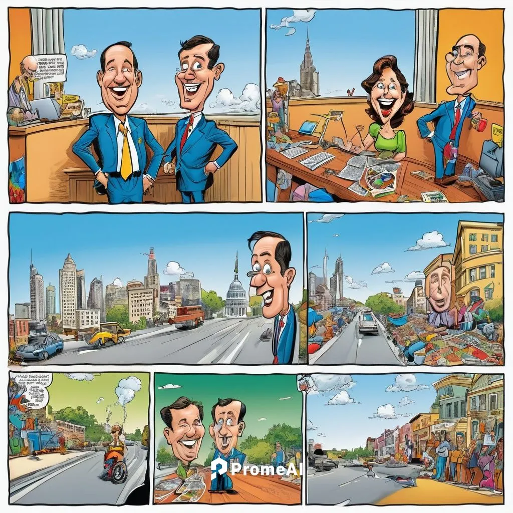 funny cartoon style comics with 4 pictures in it, usa style, funny story, 2 characters,colorfull,caricature,cartoon,federal election,3d albhabet,smart city,cartoonist,business world,risk management,pi