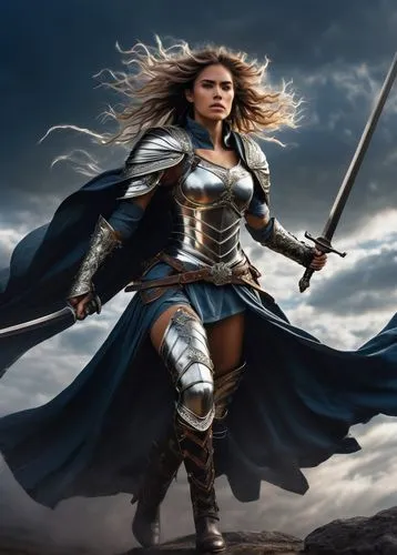 Female warrior, action pose, dramatic wind-blown hair, silver armor, intricate engravings, shoulder pads, chest plate, gauntlets, flowing cape, detailed sword, ornate scabbard, muscular legs, boots wi