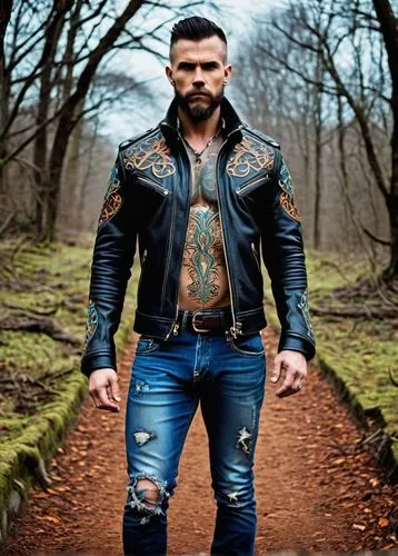 drago milenario,biker,latino,male model,barbarian,mma,men's wear,sandro,uomo vitruviano,macho,bolero jacket,carpathian,daemon,ufc,graves,wstężyk huntsman,leather boots,germano male,man's fashion,punk,Illustration,American Style,American Style 10