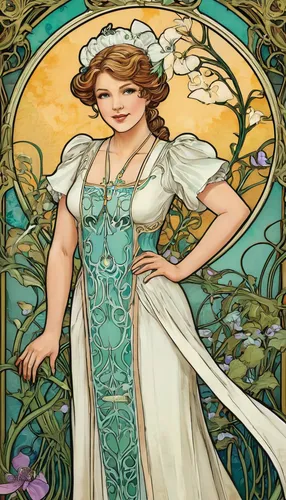 art nouveau,art nouveau design,mucha,art nouveau frame,celtic queen,cinderella,tiana,flora,art nouveau frames,merida,fairy tale character,rosa 'the fairy,fairy queen,jessamine,jane austen,rapunzel,rusalka,queen anne,artemisia,virgo,Illustration,Retro,Retro 13