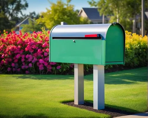 Modern architectural mailbox, sleek metal body, stainless steel material, rectangular shape, clean lines, minimalist design, mounted on a wooden post, surrounded by lush green grass, vibrant colorful 