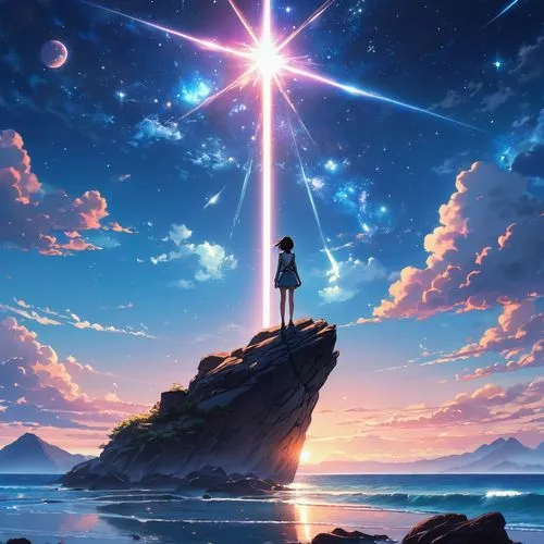 anime girl standing on a rock looking at a star filled sky, makoto shinkai cyril rolando, anime art wallpaper 4k, anime art wallpaper 4 k, anime art wallpaper 8 k, cosmic skies. by makoto shinkai, ins