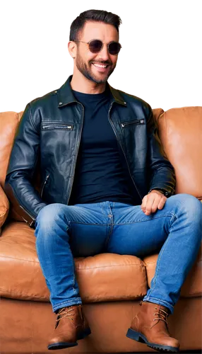 Muscular man, daddy, 40s, beard, short hair, sunglasses, leather jacket, white shirt, blue jeans, boots, sitting on couch, relaxed posture, smiling face, soft natural lighting, warm color tone, shallo