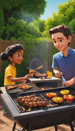 Write a dialogue between two friends planning a backyard barbecue for the summer.,barbeque,barbeque grill,barbecue,summer bbq,outdoor cooking,bbq,barbecue grill,outdoor grill,grilling,grilled food,out