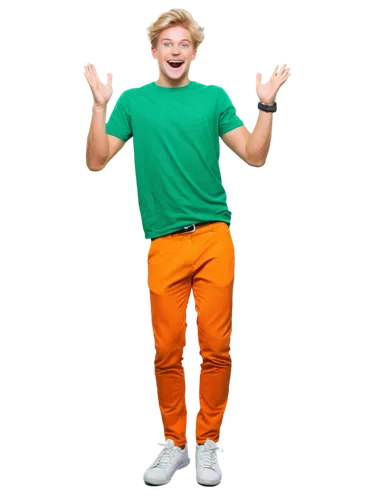 Cartoon character, young boy, cheerful expression, bright smiling face, blue eyes shining, messy blond hair, colorful clothes, orange shirt, green pants, white shoes, hands up in the air, jumping with