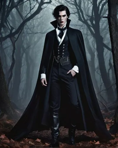 Male vampire, pale skin, sharp fangs, piercing eyes, dark eyeliner, messy black hair, Victorian-era inspired attire, long coat with cape, white dress shirt, black trousers, leather boots, brooch at th