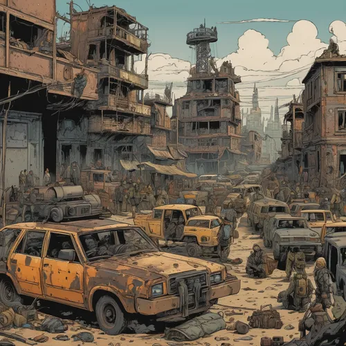 post-apocalyptic landscape,post apocalyptic,post-apocalypse,destroyed city,wasteland,slums,apocalyptic,scrapyard,junkyard,junk yard,salvage yard,scrap yard,gunkanjima,dystopian,kowloon city,trash land,war zone,slum,dystopia,urbanization,Illustration,Paper based,Paper Based 26