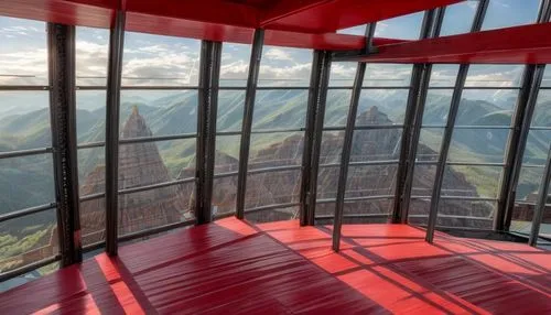 The facade is made of steel. The red ramp should remain. You should see the mountains through the windows.,the observation deck,fire tower,observation deck,observation tower,sky city tower view,düssel