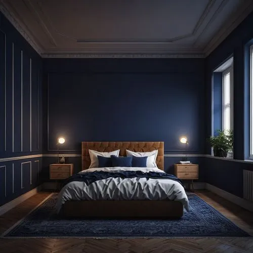 blue room,bedroom,blue lamp,midnight blue,sleeping room,bed frame,danish room,blue pillow,room lighting,navy blue,guest room,danish furniture,wall lamp,dark blue and gold,modern decor,guestroom,modern room,bed,great room,mazarine blue,Photography,General,Realistic