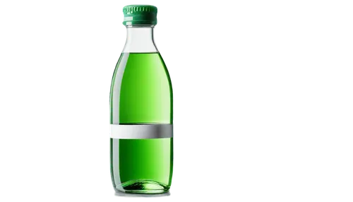 Bottle, transparent glass, still water, condensation droplets, green cap, white label, minimalist design, reflection on surface, shallow depth of field, soft natural light, 3/4 composition, product ph