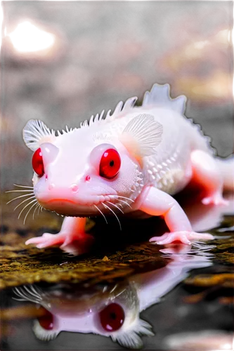 Axolotl, Mexican salamander, aquatic animal, albino, pink eyes, feathery gills, smooth skin, white belly, brown back, swimming, floating, close-up, macro shot, shallow depth of field, soft focus, warm