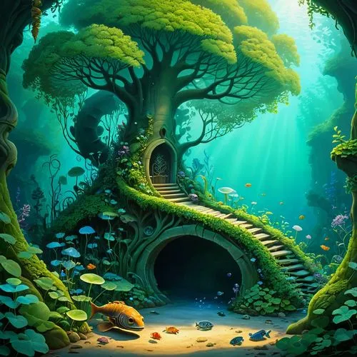 mushroom landscape,fantasy picture,fantasy landscape,fractal environment,tree of life,tree house,fantasy art,mushroom island,cartoon video game background,3d fantasy,fairy forest,underwater landscape,fairy world,celtic tree,fractals art,moss landscape,underwater oasis,ocean floor,treehouse,fairy village,Illustration,Realistic Fantasy,Realistic Fantasy 26