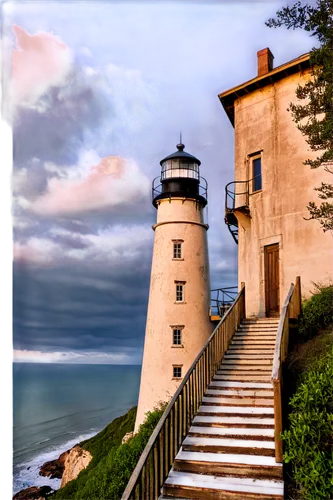 Old Baldy Lighthouse, standing alone, rugged coastline, sunset scene, golden hour, dramatic clouds, weathered exterior, worn paint, rusty lantern room, spiral staircase, nautical details, warm lightin