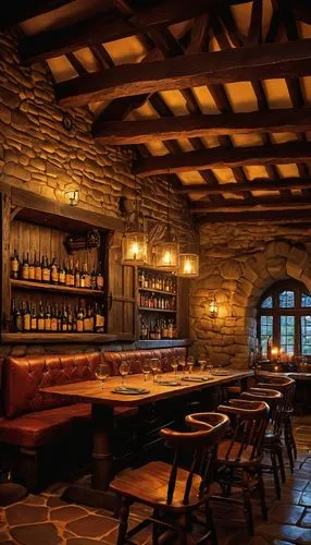 Cozy tavern interior, warm candlelight, wooden tables and chairs, medieval-style decorations, stone walls, large fireplace, rustic ambiance, dimly lit, intimate atmosphere, beer barrels, wine bottles,