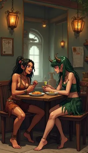 women at cafe,sorceresses,gnomes at table,wadjet,elves,elfquest,fauns,darkstalkers,reunidas,rhinemaidens,romantic dinner,dryads,priestesses,dinner for two,the coffee shop,amazonians,lesbia,coffeeshop,barmaids,themyscira