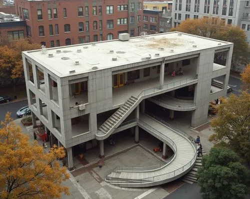 A two-story library in an urban setting.
,an aerial s of a very large building with some steps in it,vcu,kalorama,massart,docomomo,safdie,new building,Illustration,Black and White,Black and White 32