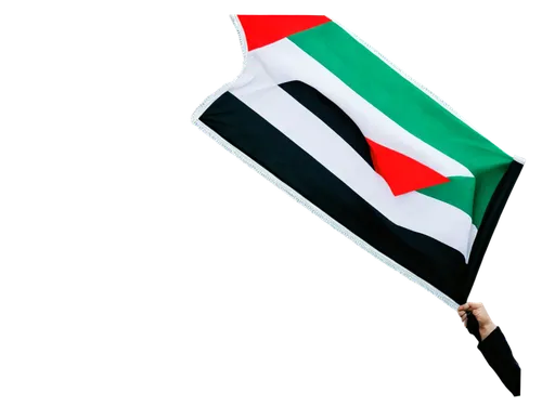 Palestinian flag, waving, horizontal, tricolor, black, white, green, triangular shape, embroidered edges, fabric texture, morning sunlight, soft focus, 3/4 composition, shallow depth of field, vibrant