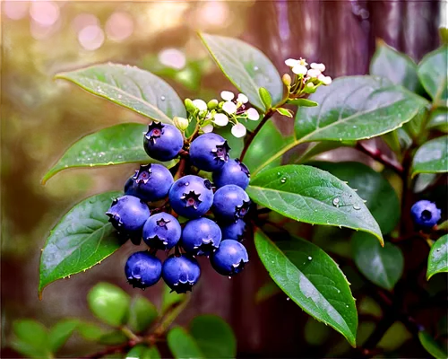 Blueberry bush, ripe blueberries, green leaves, small white flowers, dense foliage, natural lighting, morning dew, soft focus, 3/4 composition, warm color tone, cinematic lighting, shallow depth of fi