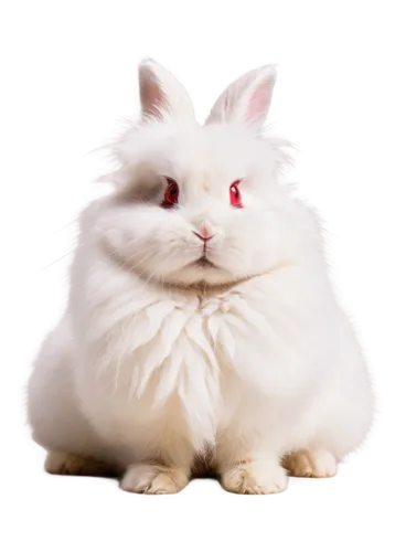 Fluffy white rabbit, cute face, big round eyes, pink nose, whiskers, soft fur, sitting posture, front paws together, hind legs bent, adorable expression, natural textures, warm lighting, shallow depth