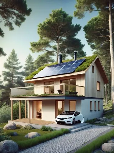 Create an illustration of a researcher's house based on my sketch design. Maximum 50 m2 and two stories. In the forest. Natural materials. With a green roof and solar panels. with a canopy for sitting