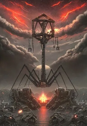 dark cybrpunk landscape, desctruction,apocalypse,burning man,dystopian,apocalyptic,pillar of fire,metropolis,apiarium,post-apocalyptic landscape,cog,hall of the fallen,throne,dystopia,the throne,sexta