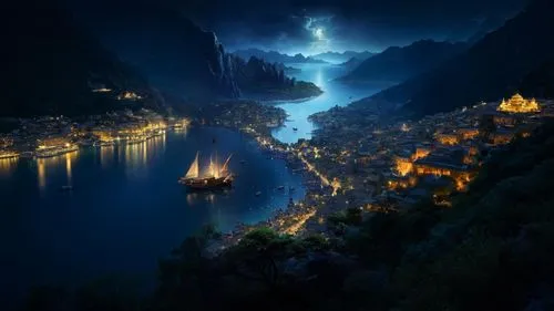 alagna,hallstatt,fantasy picture,kotor,fenghuang,night scene