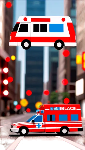 Emergency ambulance, red and white body, flashing lights, sirens blaring loud, shiny metal surface, wheels rotating fast, speeding down street, cityscape background, dynamic composition, high contrast