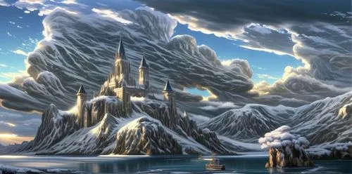 fantasy landscape,cloud mountains,cloud mountain,fantasy picture,snow mountains,fantasy art,mountain settlement,northrend,futuristic landscape,ice castle,ice landscape,giant mountains,snow mountain,an island far away landscape,snowy mountains,snowy peaks,mountainous landscape,snow landscape,3d fantasy,world digital painting