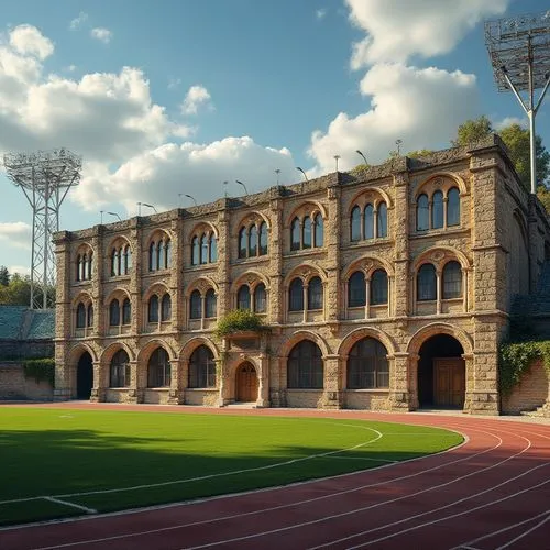 Rustic sports arena, ancient Romanesque fa\u00e7ade, arched windows, ornate stone carvings, grand entrance gates, weathered bronze details, earthy tone stonework, vibrant green turf, athletic track la