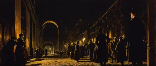 medieval street,night scene,narrow street,procession,abbaye de belloc,the cobbled streets,sepulchre,monks,street scene,dark gothic mood,candlemas,the pied piper of hamelin,haunted cathedral,old linden alley,nidaros cathedral,passage,thoroughfare,necropolis,hall of the fallen,catacombs,Art,Classical Oil Painting,Classical Oil Painting 09