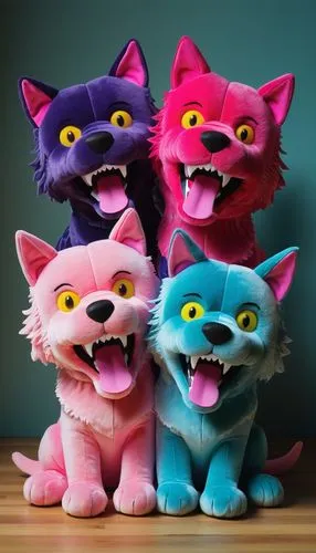 a group of three stuffed animals with their mouths open,pussycats,murgatroyd,georgatos,furbies,furbys,felids,Illustration,Realistic Fantasy,Realistic Fantasy 03