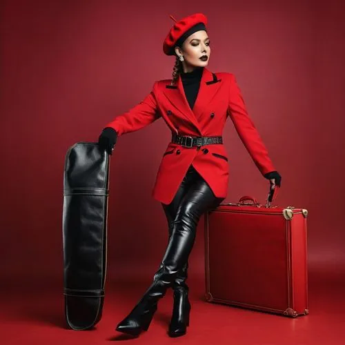 leather suitcase,suitcase,red coat,stewardess,redcoat,suitcases,luggage,bellhop,lady in red,luggage set,bellboy,red bag,attache case,vintage fashion,old suitcase,woman in menswear,pizzicato,travel woman,overcoats,luggages,Photography,General,Fantasy