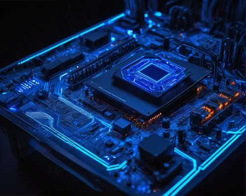 Futuristic design control unit, sleek metallic body, glowing blue circuitry, intricate wires, complex motherboard, high-tech processor, advanced cooling system, neon-lit keyboard, ergonomic monitor, f